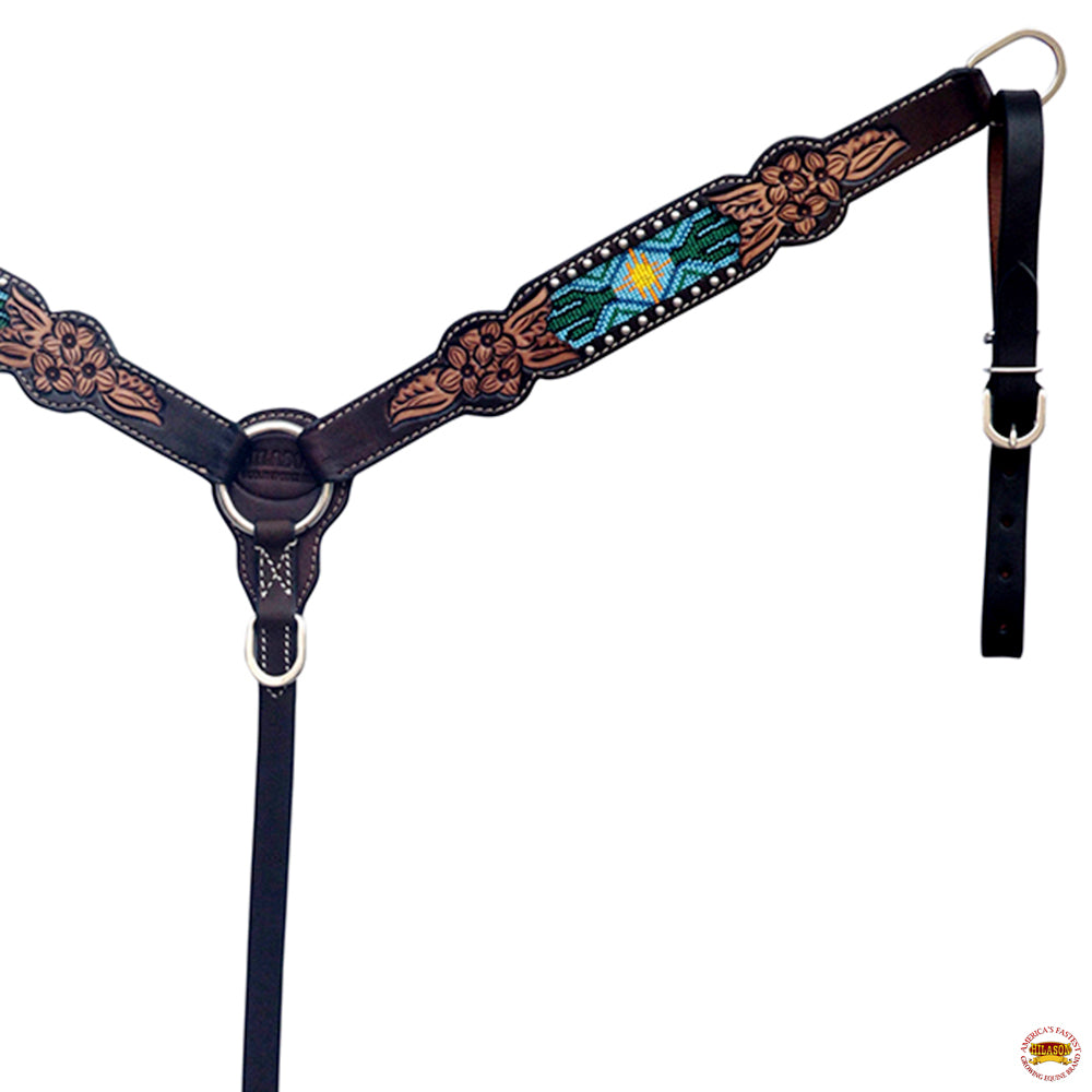 Hilason Horse Floral Hand Carved American Leather Breast Collar Headstall Beaded Brown