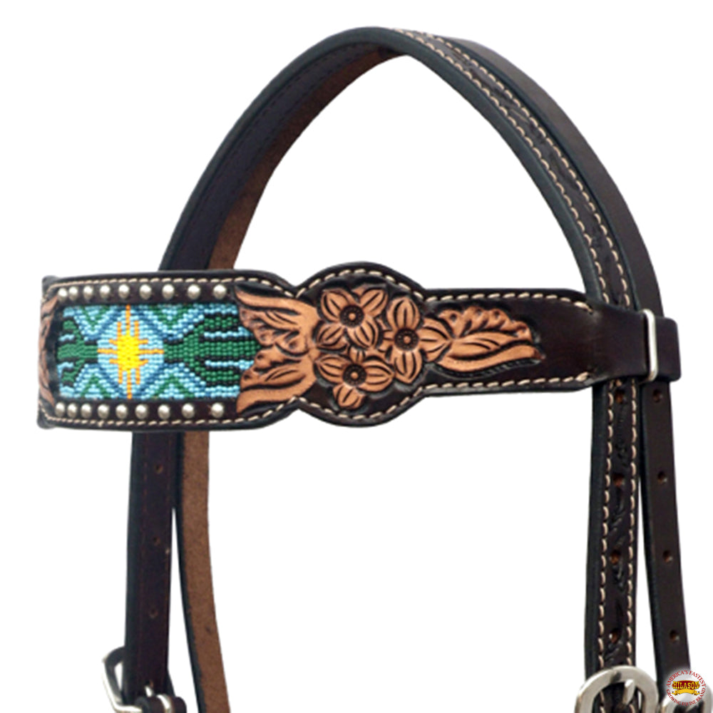 Hilason Horse Floral Hand Carved American Leather Breast Collar Headstall Beaded Brown