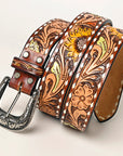 KBBTF102 OHLAY BEAUTIFULLY HAND TOOLED GENUINE AMERICAN LEATHER BELT MEN AND WOMEN