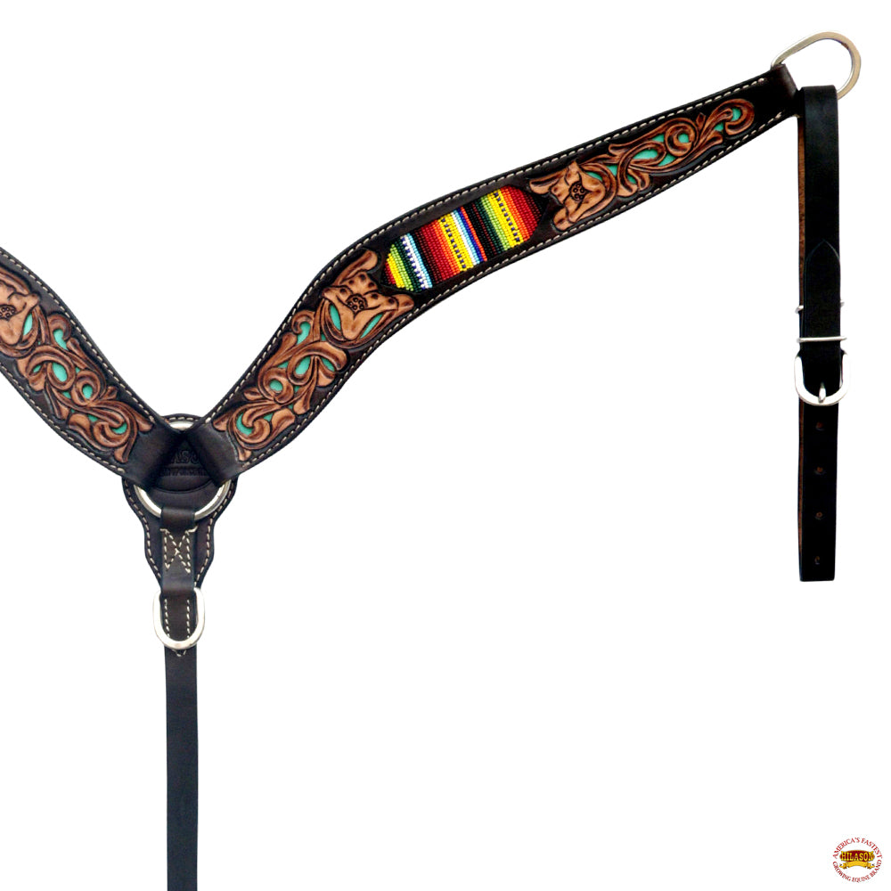 Hilason Horse Floral Hand Carved American Leather Breast Collar Headstall Beaded Brown