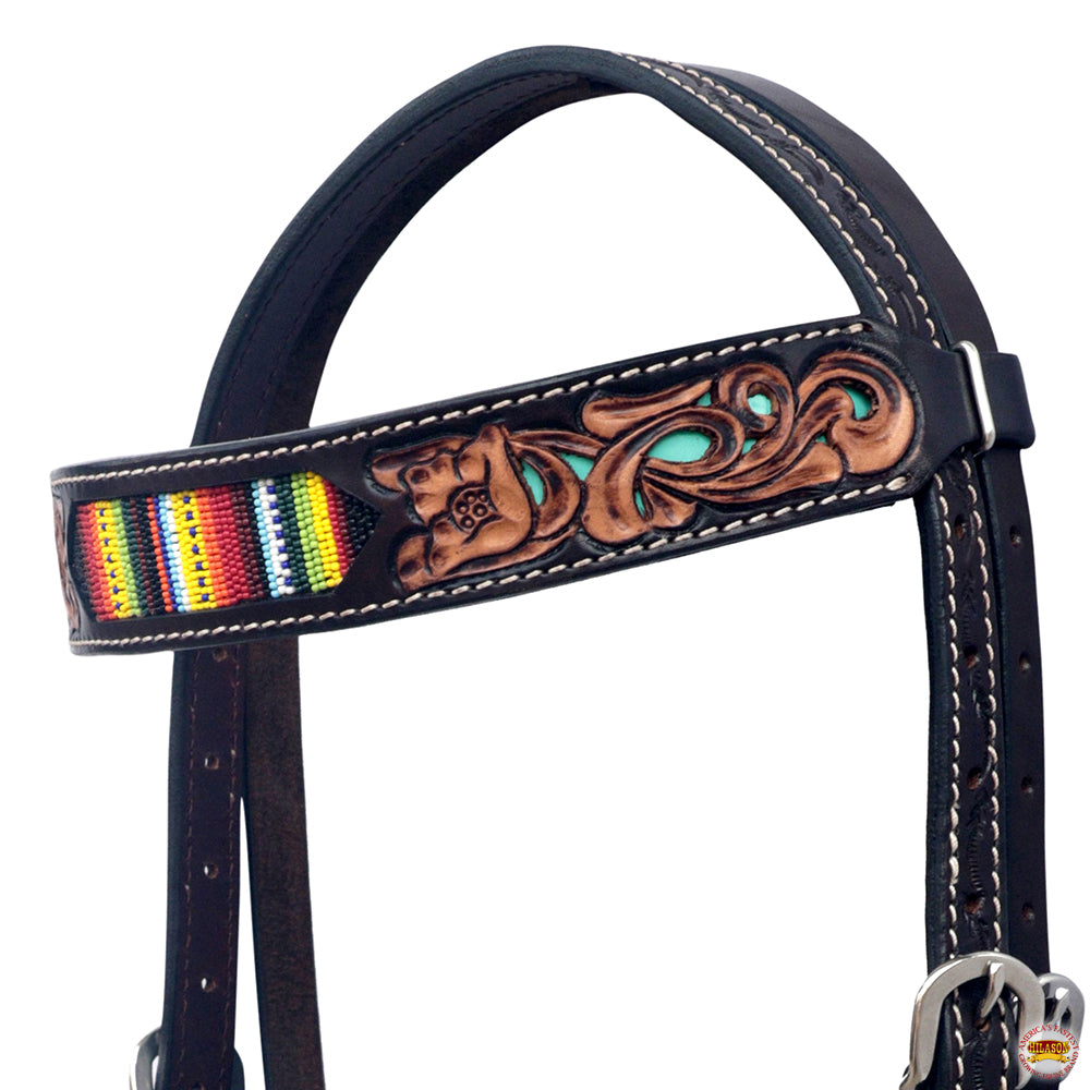 Hilason Horse Floral Hand Carved American Leather Breast Collar Headstall Beaded Brown