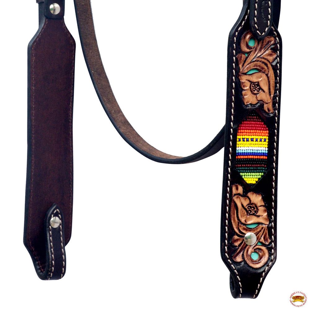 Hilason Horse Floral Hand Carved American Leather Breast Collar Headstall Beaded Brown