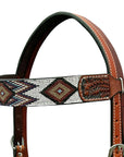 Hilason Horse Leaf Hand Carved American Leather Breast Collar Headstall Brown Beaded Work