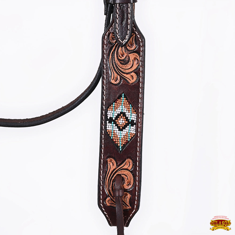 Hilason Horse Floral Hand Carved American Leather Breast Collar Headstall W/ Beaded Work Brown