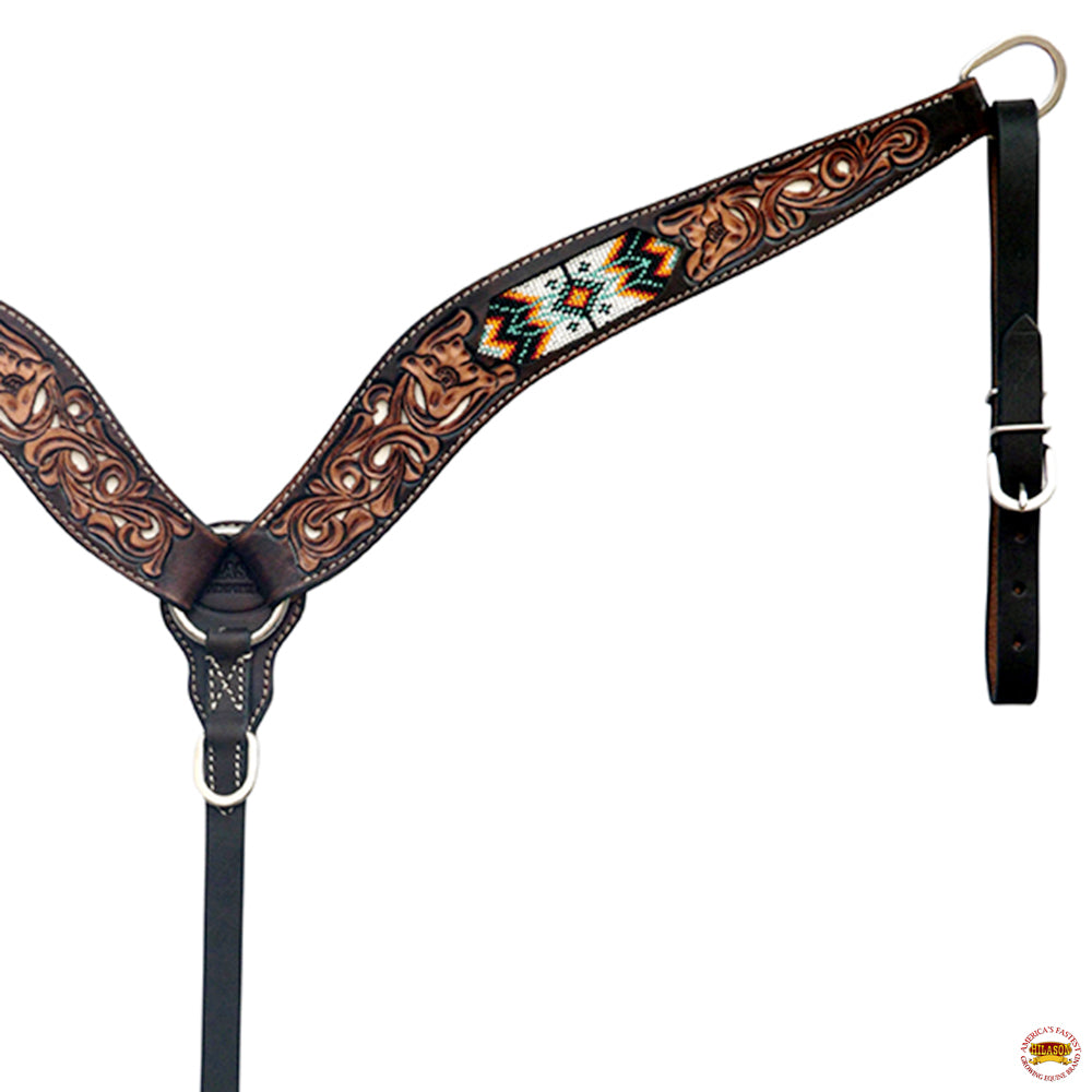 HILASON Western Leather Horse Headstall &amp; Breast Collar Floral Beeded Brown | Leather Headstall | Leather Breast Collar