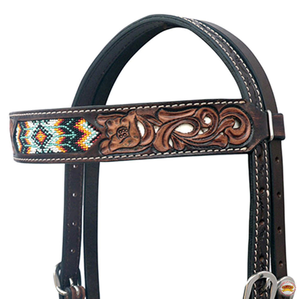 HILASON Western Leather Horse Headstall &amp; Breast Collar Floral Beeded Brown | Leather Headstall | Leather Breast Collar