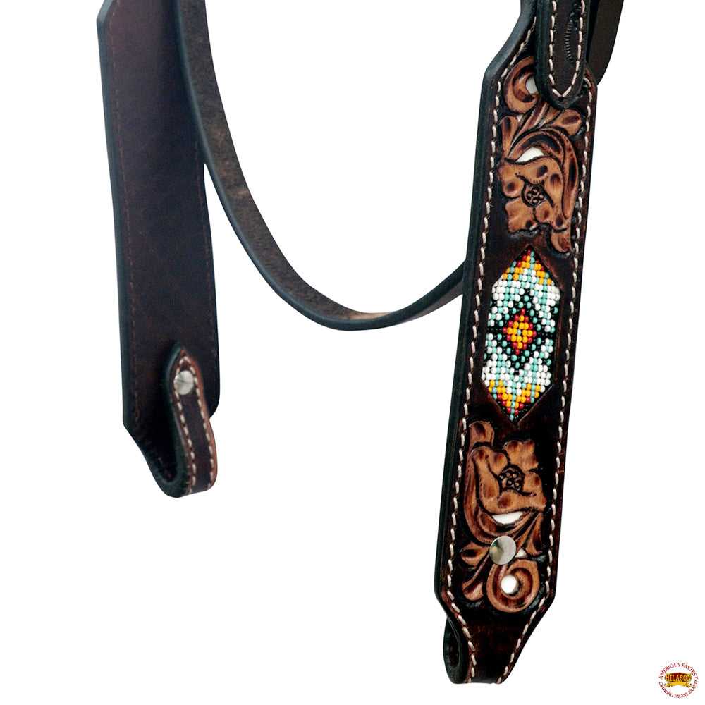 HILASON Western Leather Horse Headstall &amp; Breast Collar Floral Beeded Brown | Leather Headstall | Leather Breast Collar