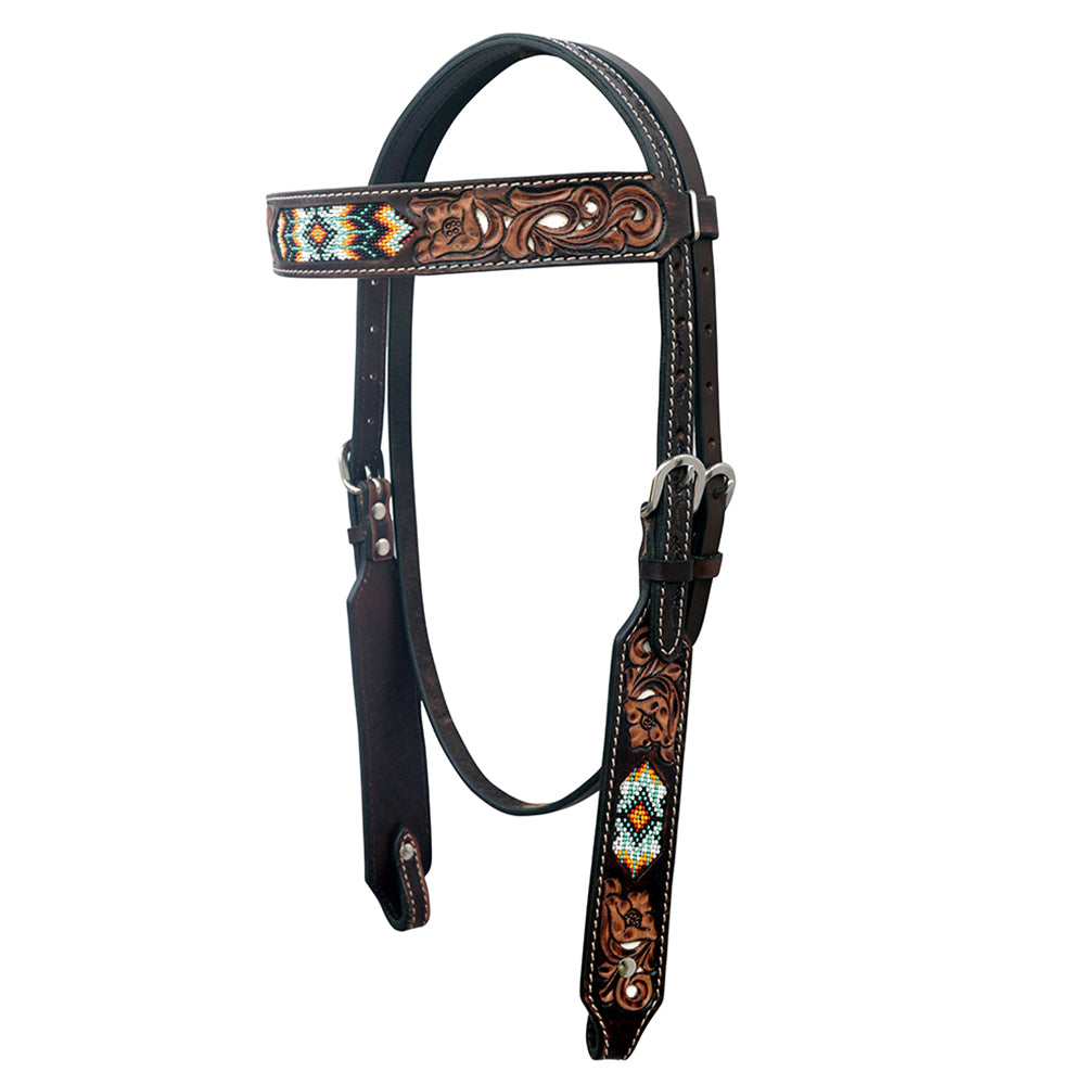 HILASON Western Leather Horse Headstall &amp; Breast Collar Floral Beeded Brown | Leather Headstall | Leather Breast Collar
