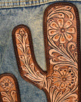 ADJKT021 Genuine leather Hand tooled hand carved Women 100% cotton Denim jacket  dress ladies girl