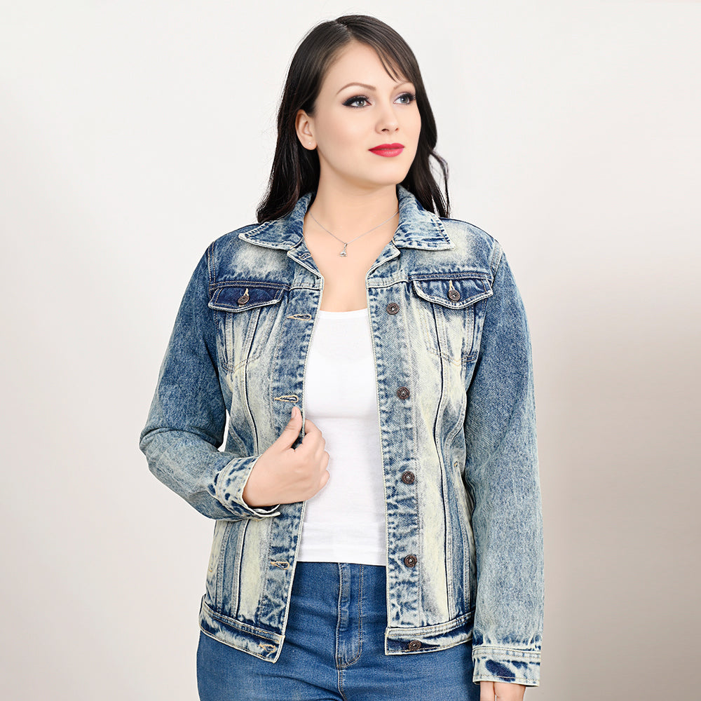 ADJKT024 Genuine leather Hand tooled hand carved Women 100% cotton Denim jacket  dress ladies girl