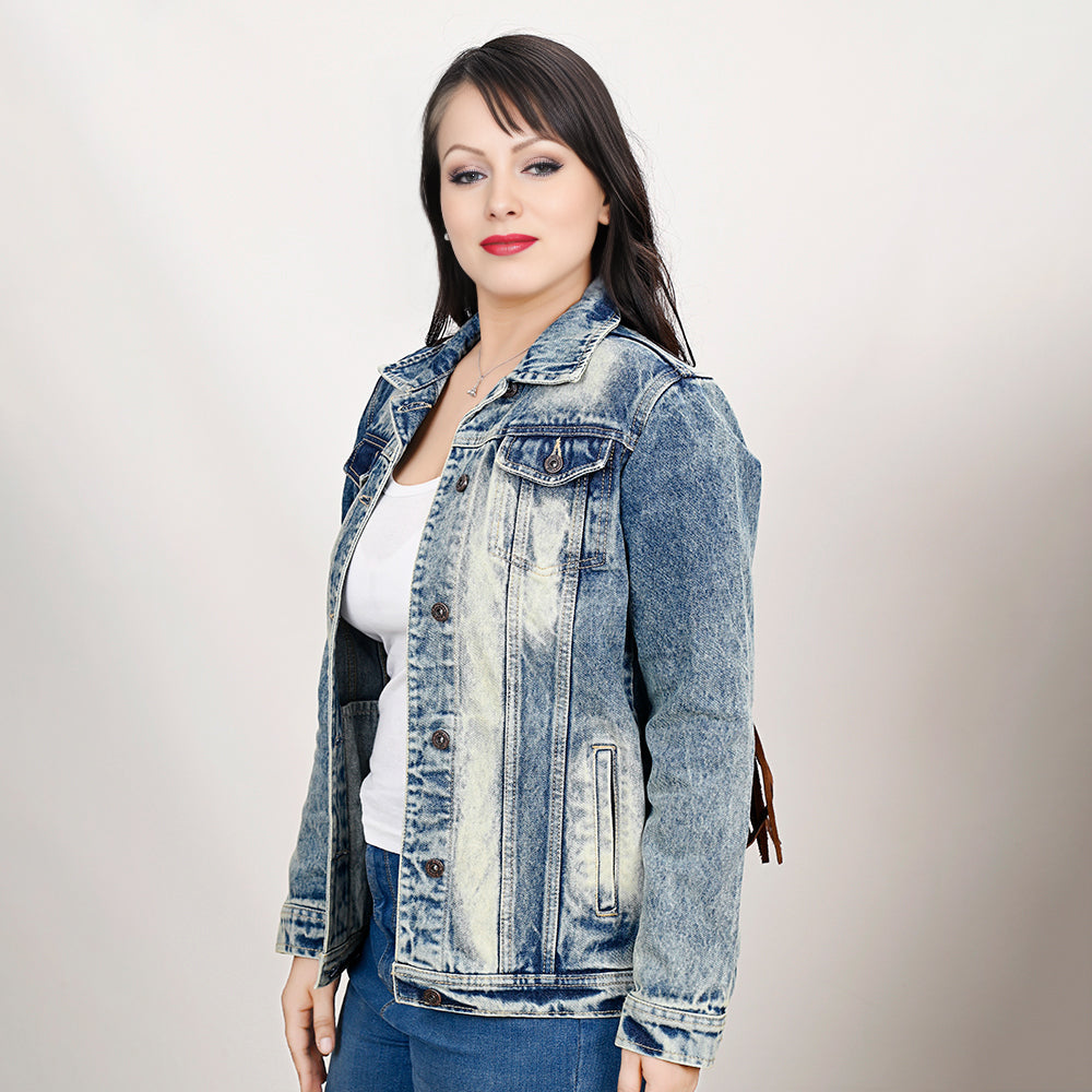 ADJKT024 Genuine leather Hand tooled hand carved Women 100% cotton Denim jacket  dress ladies girl