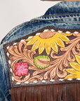 ADJKT024 Genuine leather Hand tooled hand carved Women 100% cotton Denim jacket  dress ladies girl