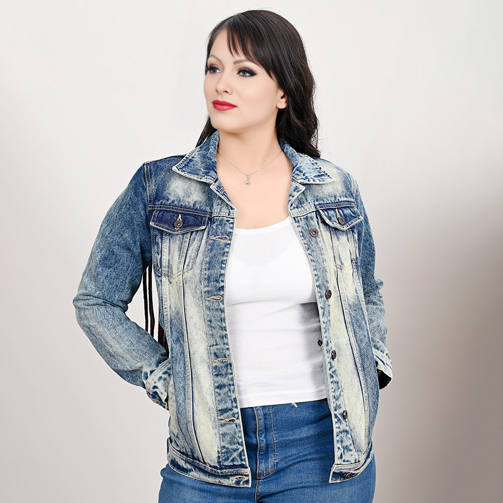 ADJKT024 Genuine leather Hand tooled hand carved Women 100% cotton Denim jacket  dress ladies girl