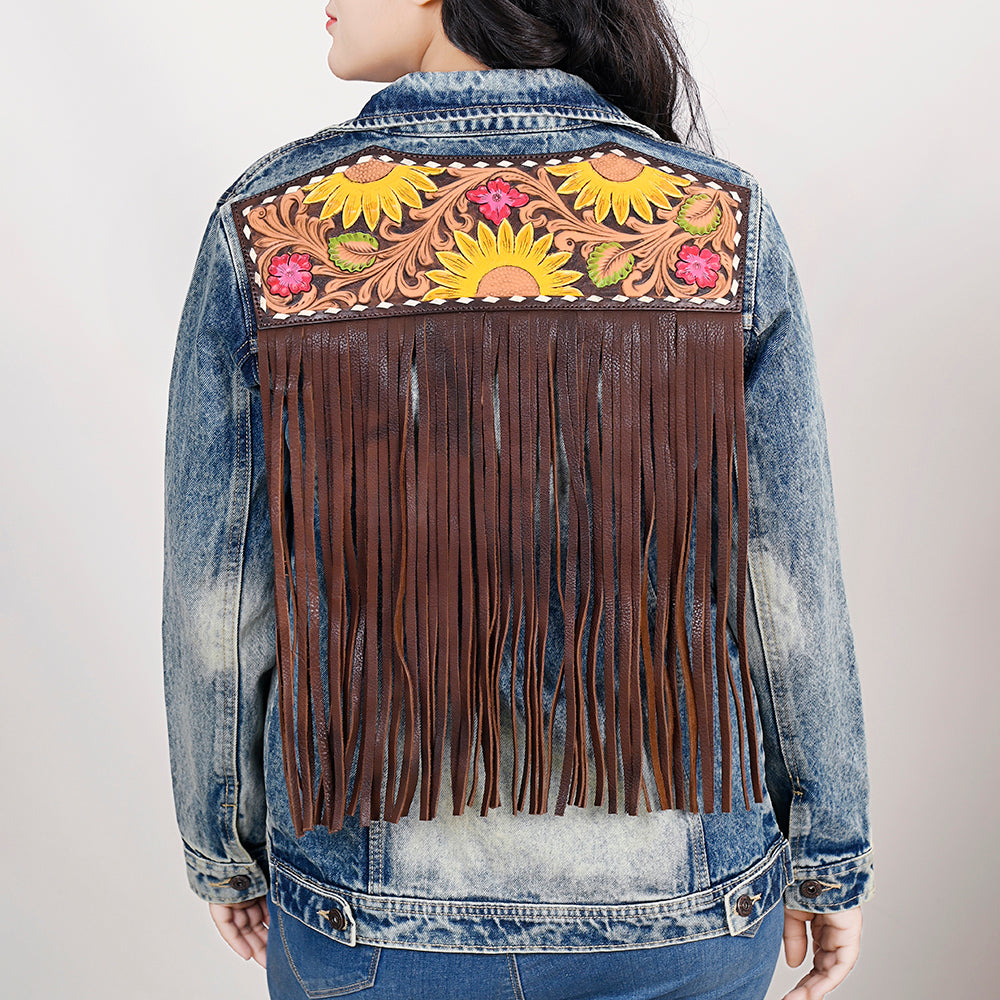 ADJKT024 Genuine leather Hand tooled hand carved Women 100% cotton Denim jacket  dress ladies girl