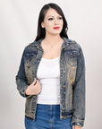 ADJKT025 Genuine leather Hand tooled hand carved Women 100% cotton Denim jacket  dress ladies girl
