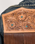 ADJKT025 Genuine leather Hand tooled hand carved Women 100% cotton Denim jacket  dress ladies girl