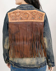 ADJKT025 Genuine leather Hand tooled hand carved Women 100% cotton Denim jacket  dress ladies girl