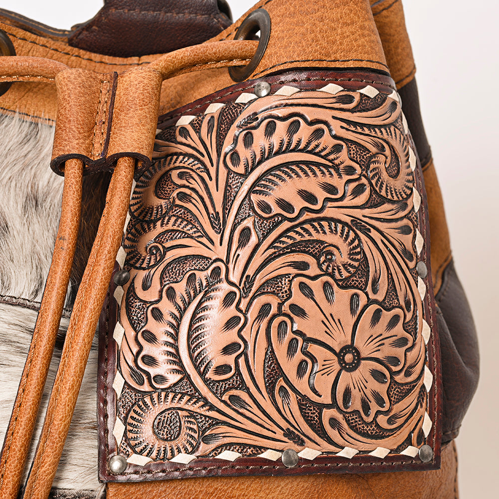 American Darling Bucket Hand Tooled Hair On Genuine Leather Women Bag Western Handbag Purse