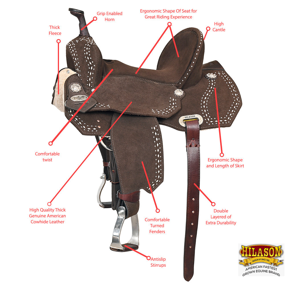 15 In Hilason Flex Tree Western Horse Buckstitch Trail Barrel American Leather Saddle Brown