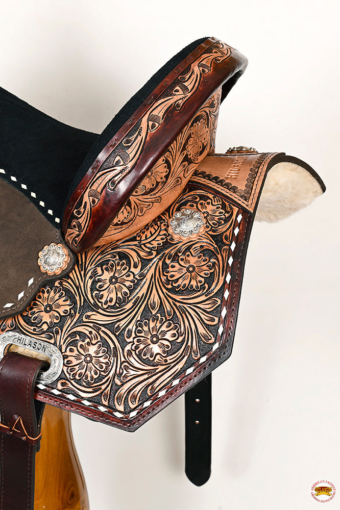 15 In Hilason Flex Tree Western Horse Buckstitch Floral Trail Barrel  American Leather Saddle Brown