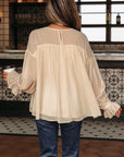 Solid Chiffon Pleated Ruffle Long Sleeve Blouse