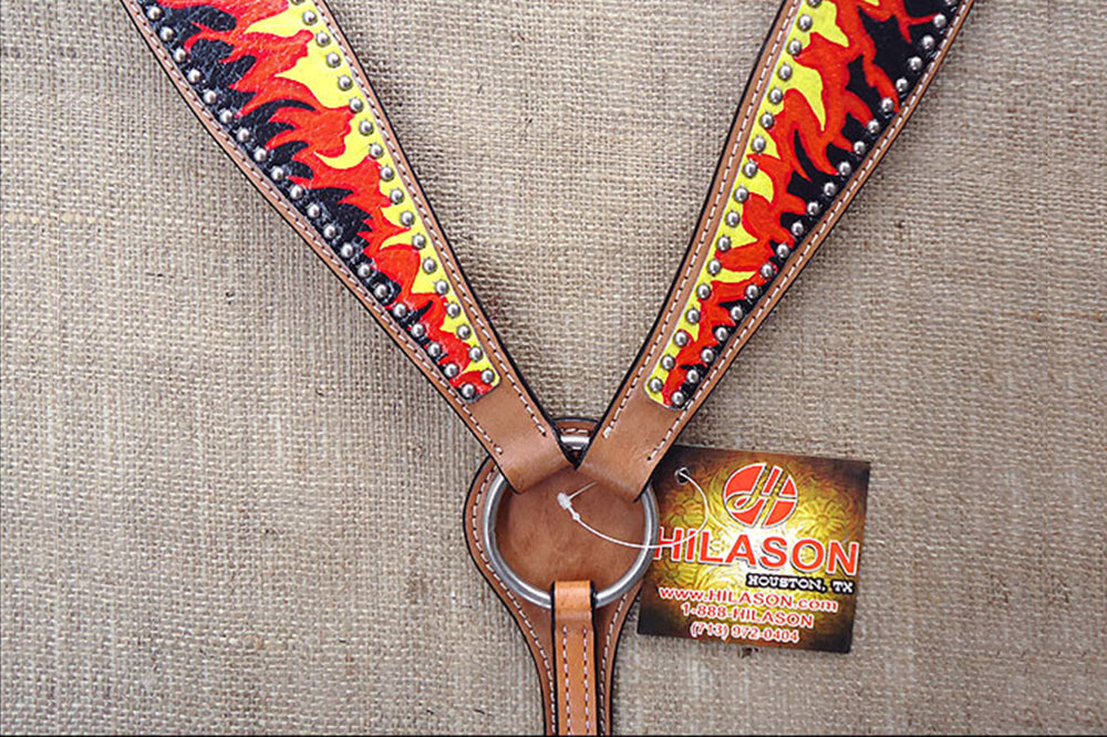 HILASON Western Horse Leather Headstall &amp; Breast Collar Tack Set Flame