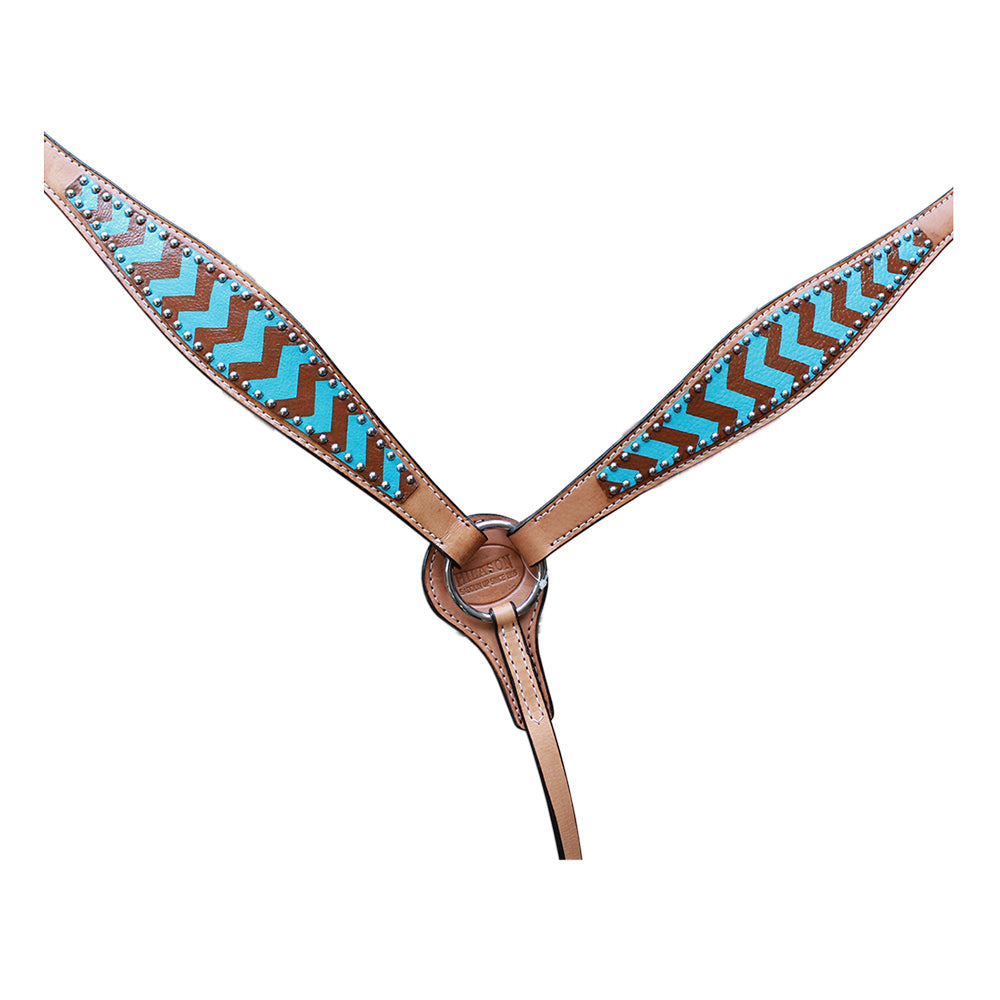 HILASON Western Horse Genuine Leather Headstall &amp; Breast Collar Set Turquoise &amp; Brown Zigzag