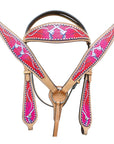 HILASON Western Horse Genuine American Leather Headstall & Breast Collar Set Red Croos Gun Printed