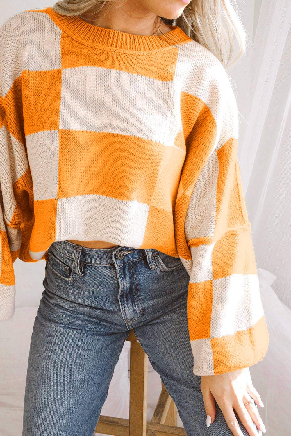 Checker Bishop Sleeve Sweater