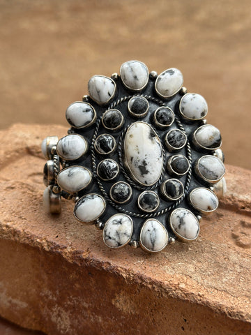 Navajo White Buffalo & Sterling Silver Cluster Cuff Bracelet