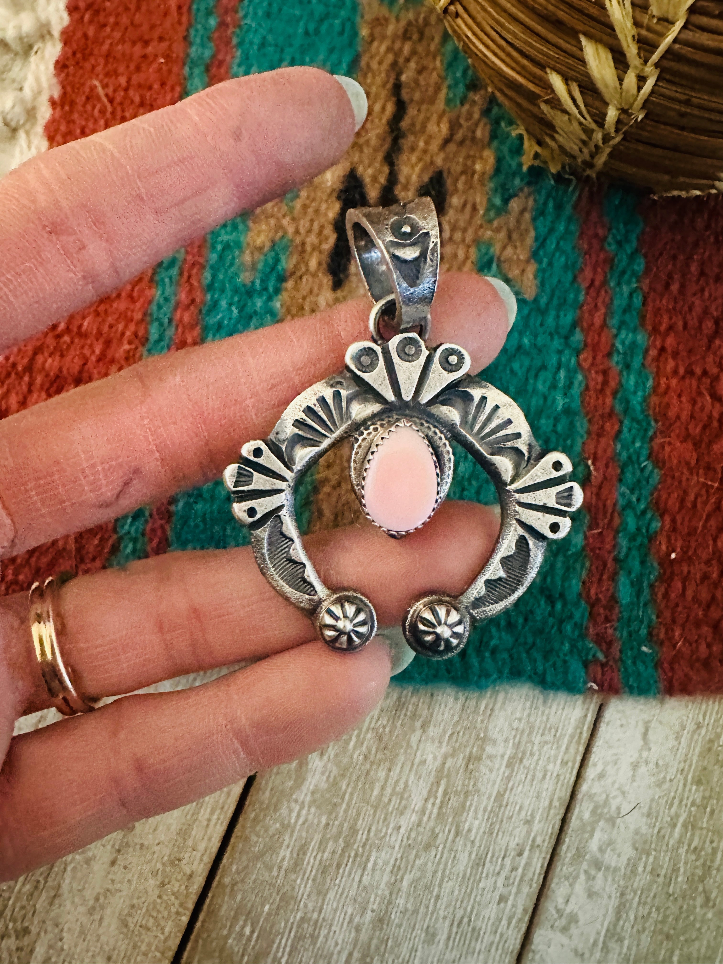 Navajo Sterling Silver & Queen Pink Conch Naja Pendant by Kevin Billah