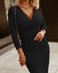 Solid Ruched Wrap V-Neck Midi Dress
