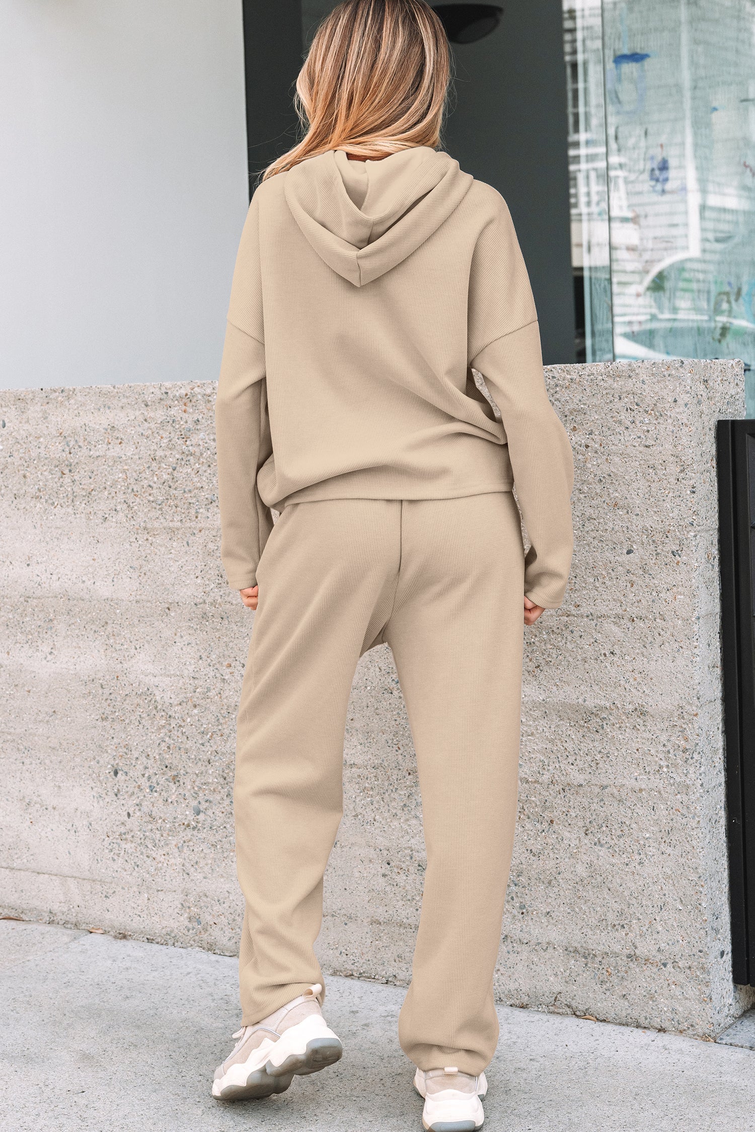 Solid Corduroy Lace Hoodie and Pants Set