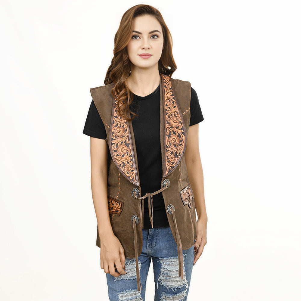 American Darling Genuine Vintage leather Hand tooled hand carved Women Blazer shirt jacket dress ladies girl