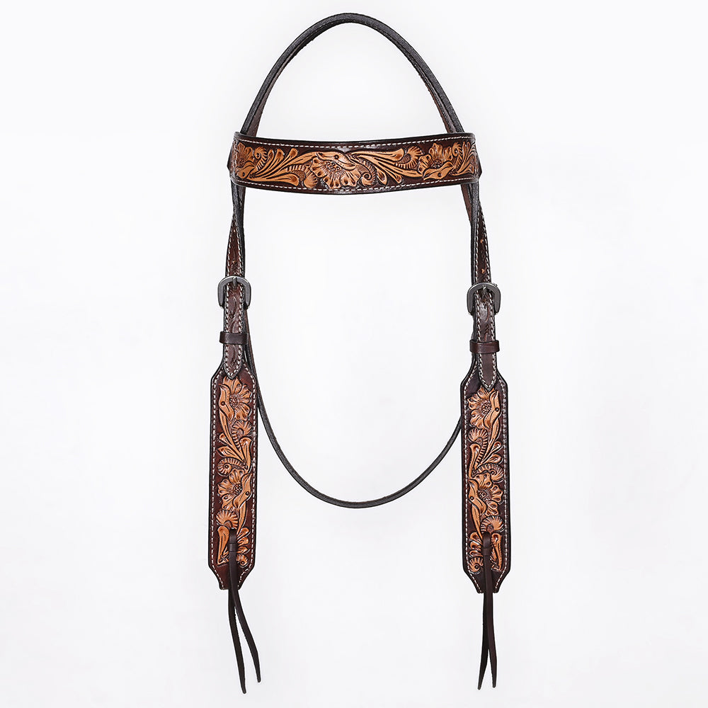 Bar H Equine Western Leather Headstall &amp; Breast Collar Floral Dark Brown