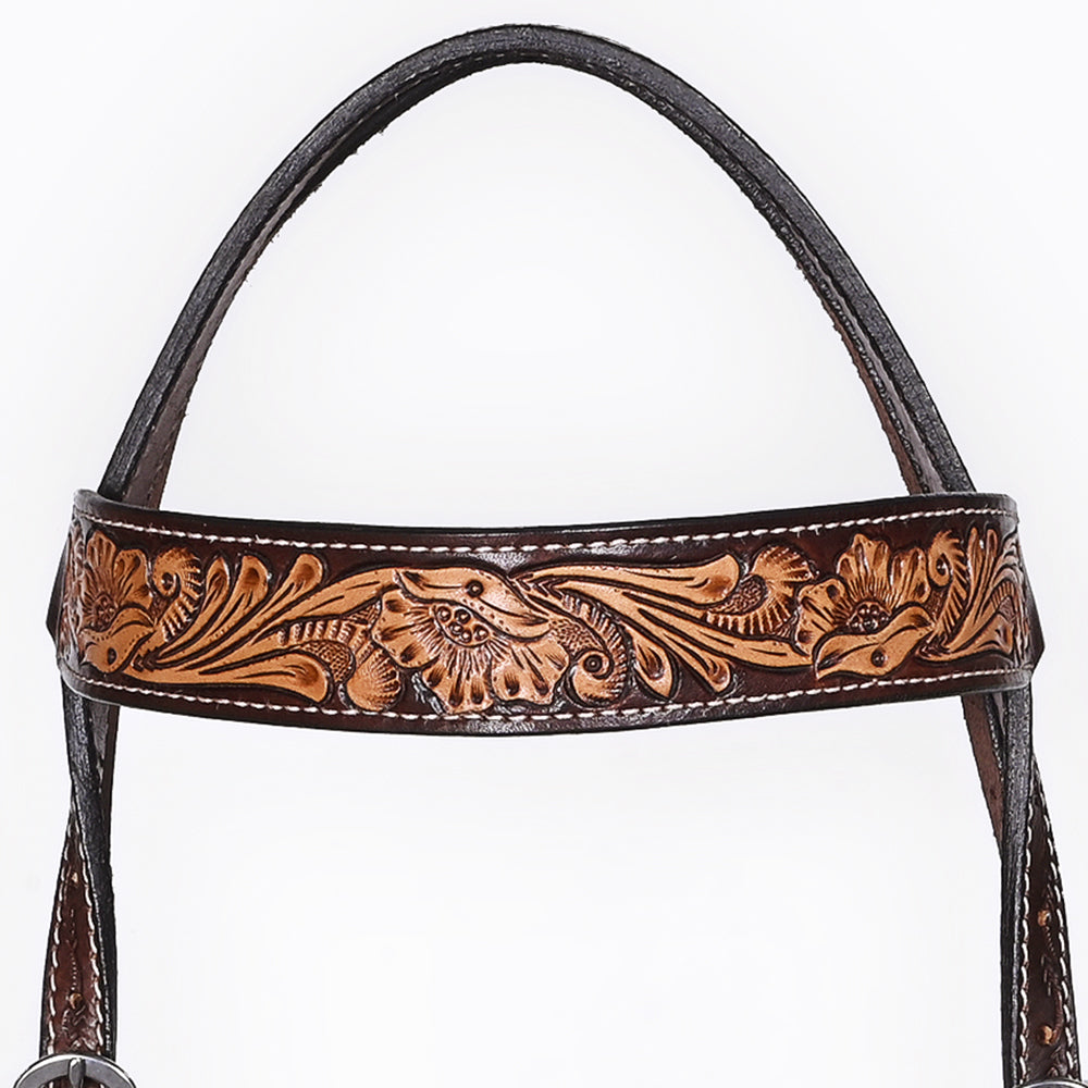 Bar H Equine Western Leather Headstall &amp; Breast Collar Floral Dark Brown
