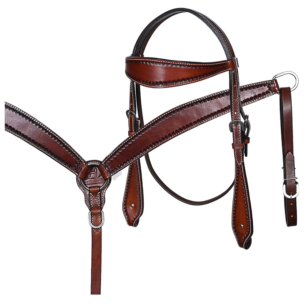 Bar H Equine Western Leather Headstall &amp; Breast Collar Dark Brown