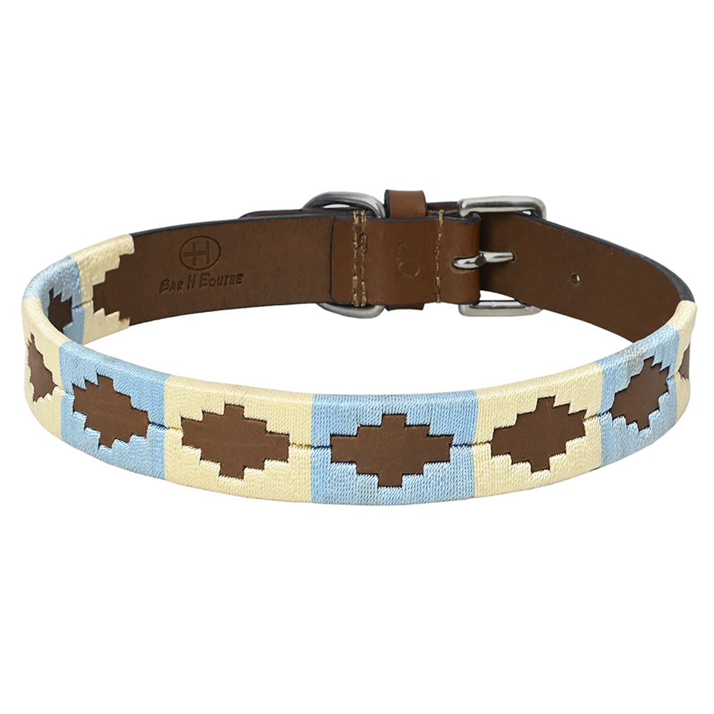 BAR H EQUINE Western Genuine Leather Dog Collar Embroidered  Beige &amp; Light Blue