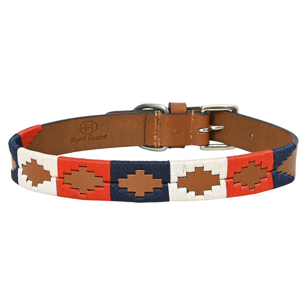 BAR H EQUINE Western Genuine Leather Dog Collar Embroidered  Blue Red &amp; White
