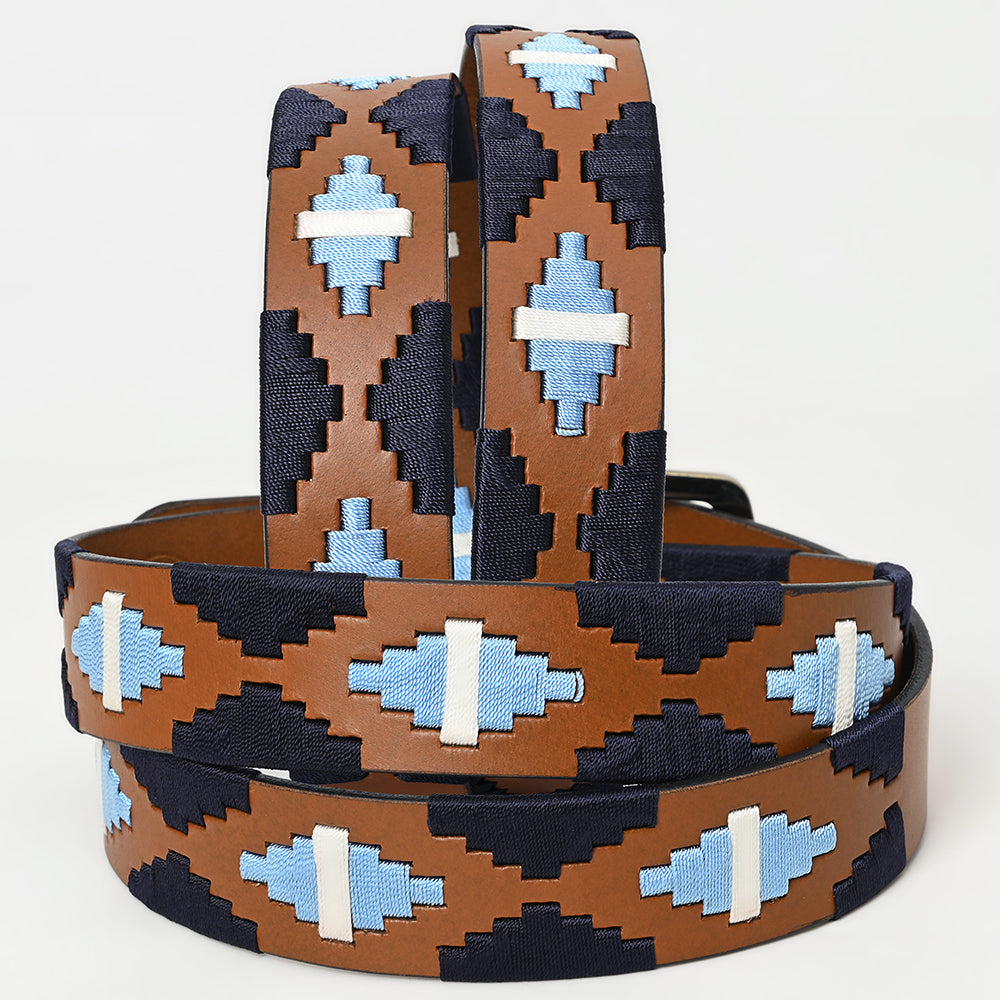 BAR H EQUINE Western Genuine Leather Men And Women Brown Belt Embroidered Black Light Blue &amp; White