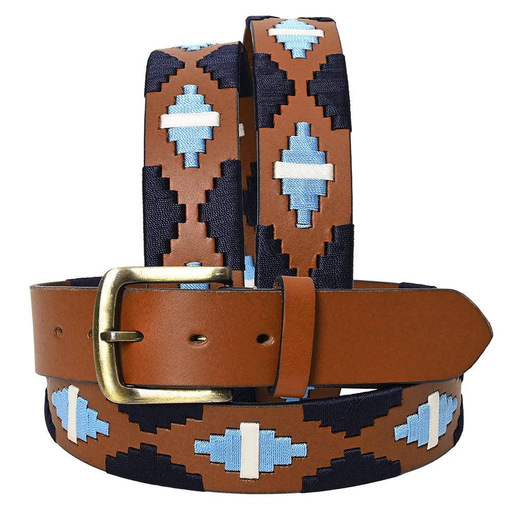 BAR H EQUINE Western Genuine Leather Men And Women Brown Belt Embroidered Black Light Blue &amp; White