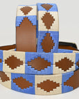 BAR H EQUINE Western Genuine Leather Men And Women Brown Belt Embroidered Blue & White