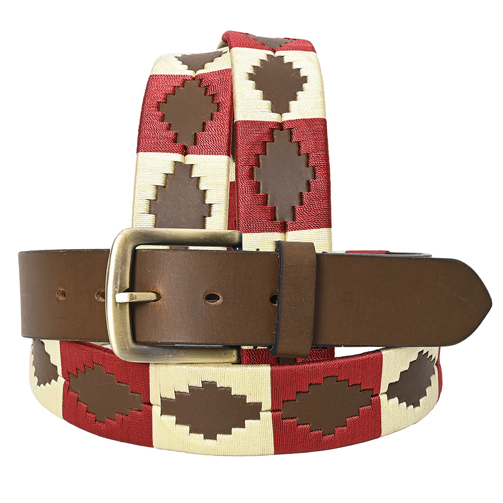 BAR H EQUINE Western Genuine Leather Men And Women Brown Belt Embroidered Maroon &amp; Beige