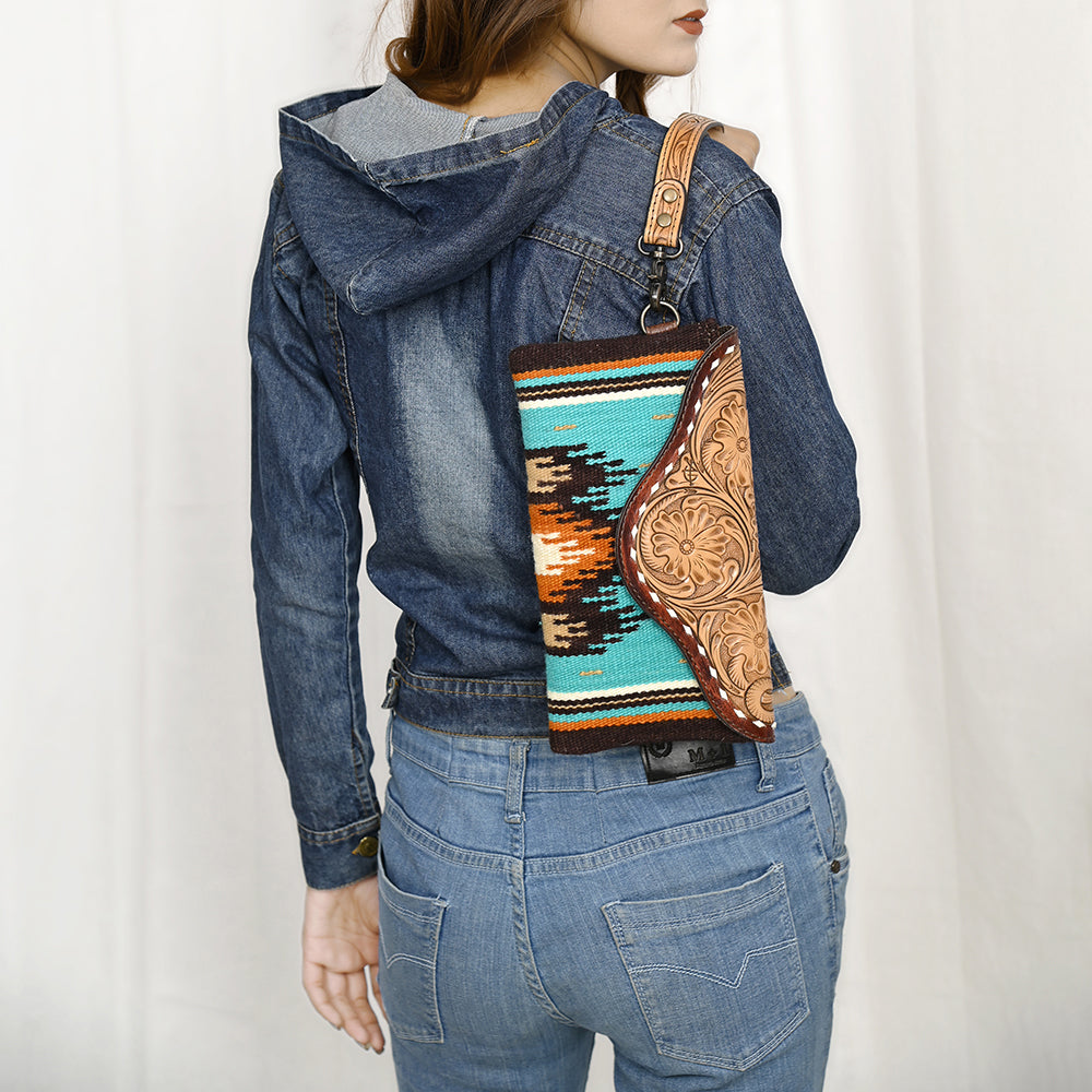 American Darling Wristlet Hand Tooled Upcycled Wool Genuine Leather Women Bag Western Handbag Purse