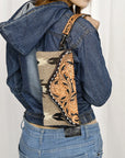 American Darling Wristlet Hand Tooled Upcycled Wool Genuine Leather Women Bag Western Handbag Purse