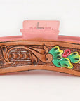 American Darling Floral Long Hair Claw Hand Tooled Carved Genuine Leather Brown Clips Clutcher Gift For Women Girls