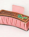 American Darling Floral Long Hair Claw Hand Tooled Carved Genuine Leather Brown Clips Clutcher Gift For Women Girls