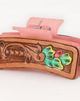 American Darling Floral Long Hair Claw Hand Tooled Carved Genuine Leather Brown Clips Clutcher Gift For Women Girls