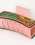American Darling Floral Long Hair Claw Hand Tooled Carved Genuine Leather Brown Clips Clutcher Gift For Women Girls