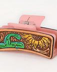 American Darling Floral Long Hair Claw Hand Tooled Carved Genuine Leather Brown Clips Clutcher Gift For Women Girls